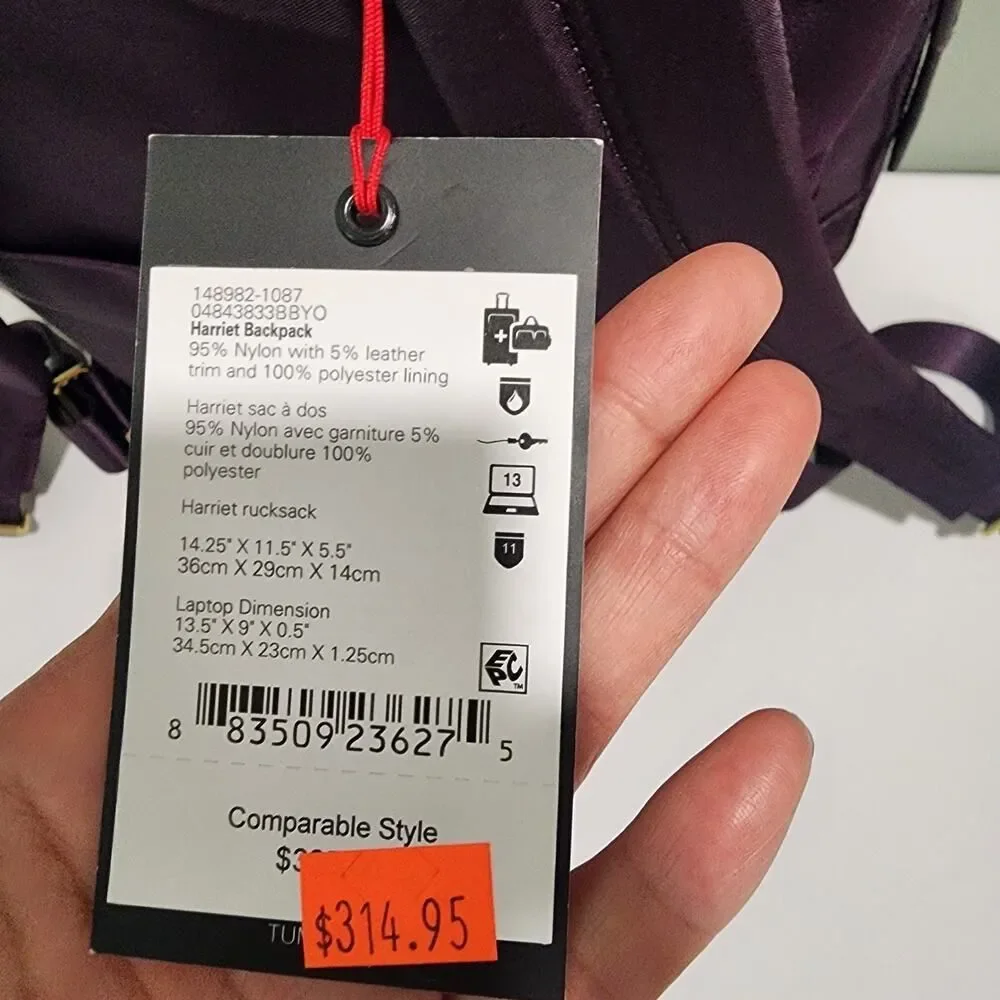 NWT Tumi Voyageur HARRIET 14.25” Nylon Laptop Backpack Black Berry Purple